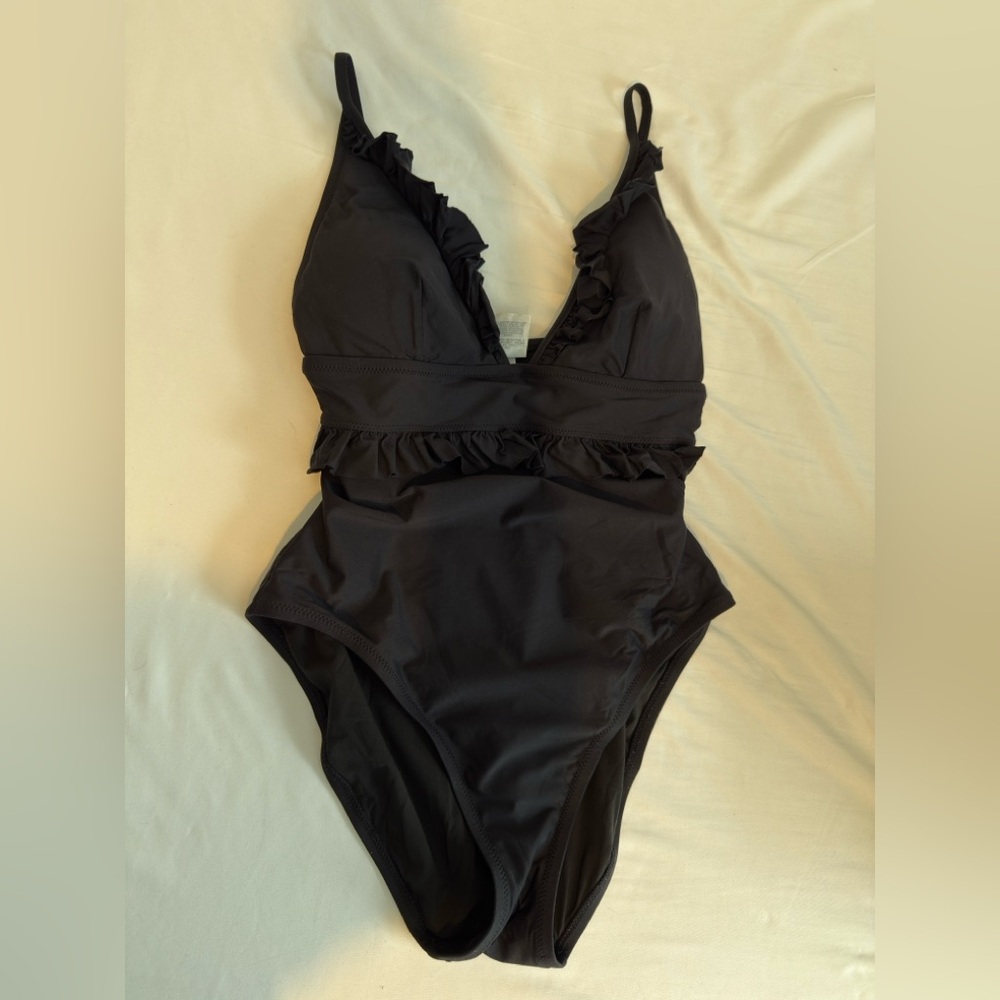 J. Crew Black Ruffled One Piece Swimsuit